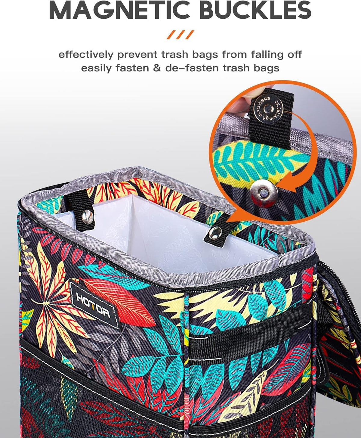 HOTOR close-up of magnetic snaps for fast bag replacement and tidy handling