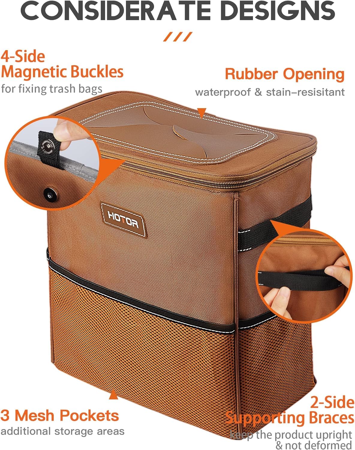 HOTOR mounted on headrest for convenient passenger trash disposal