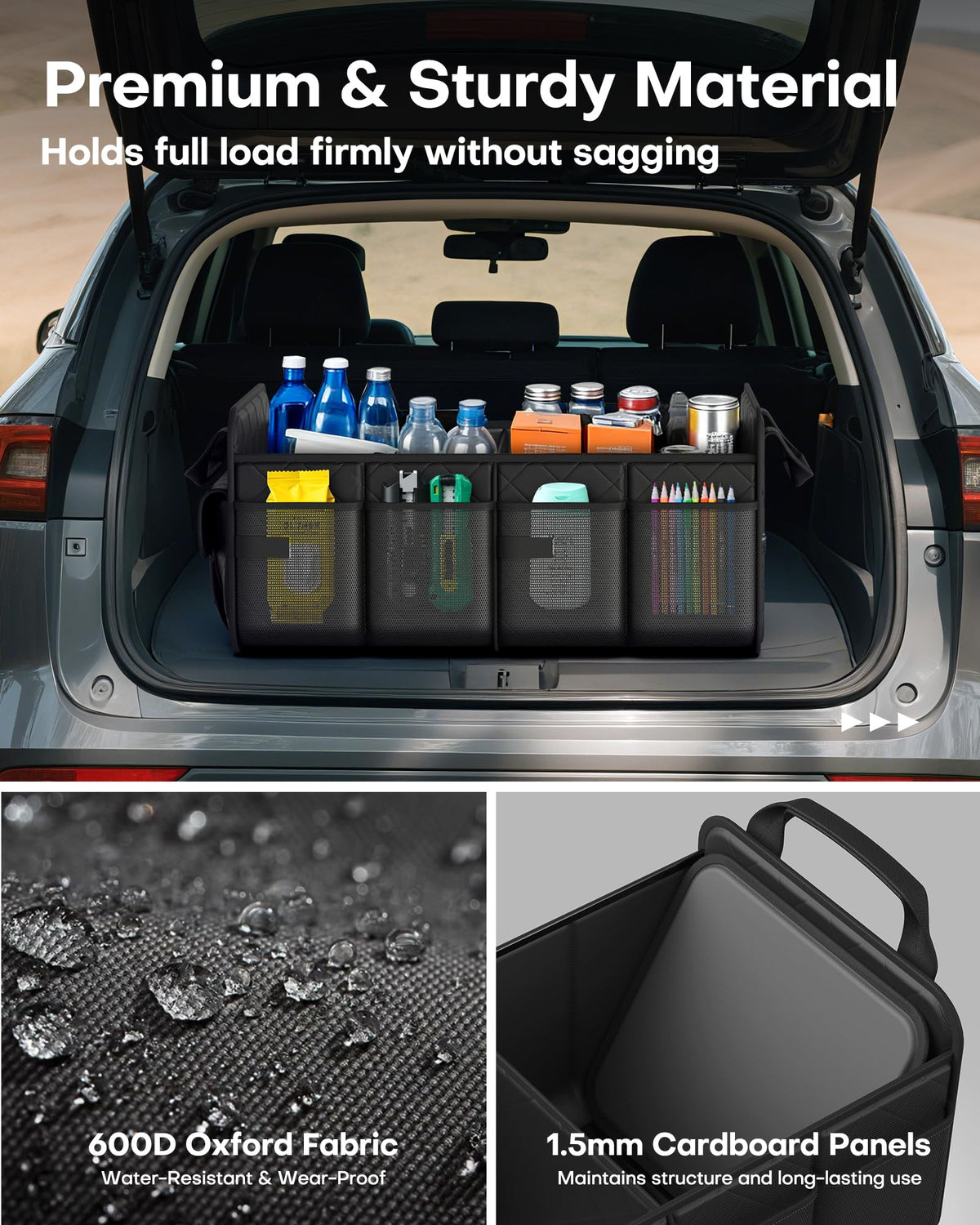 HOTOR side mesh pockets holding bottles demonstrating quick-access organization
