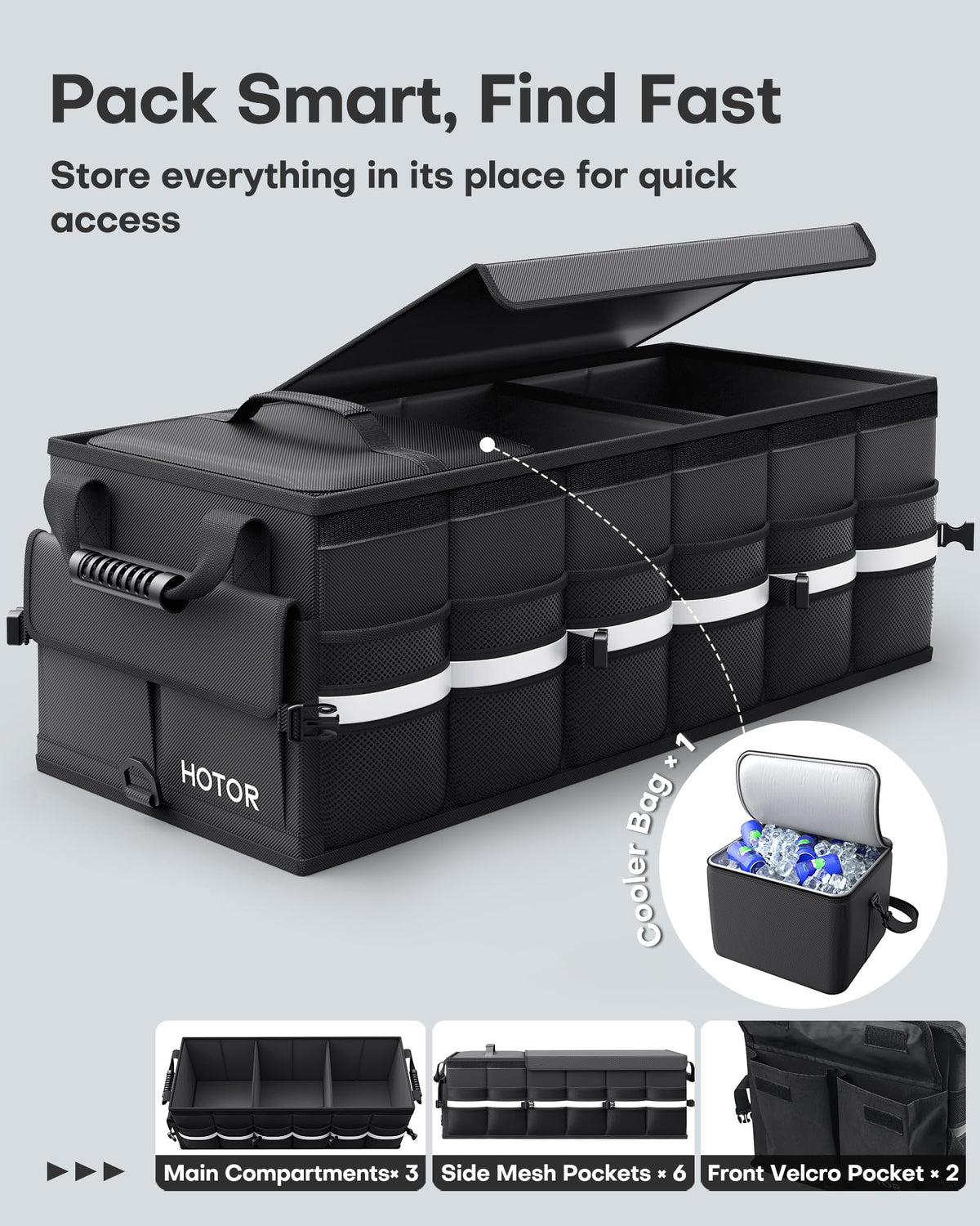 HOTOR interior showing three compartments and pockets for organized storage