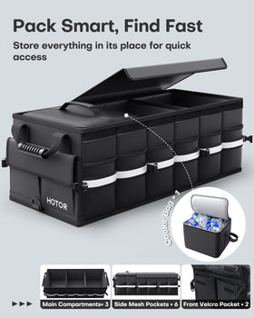 HOTOR interior showing three compartments and pockets for organized storage
