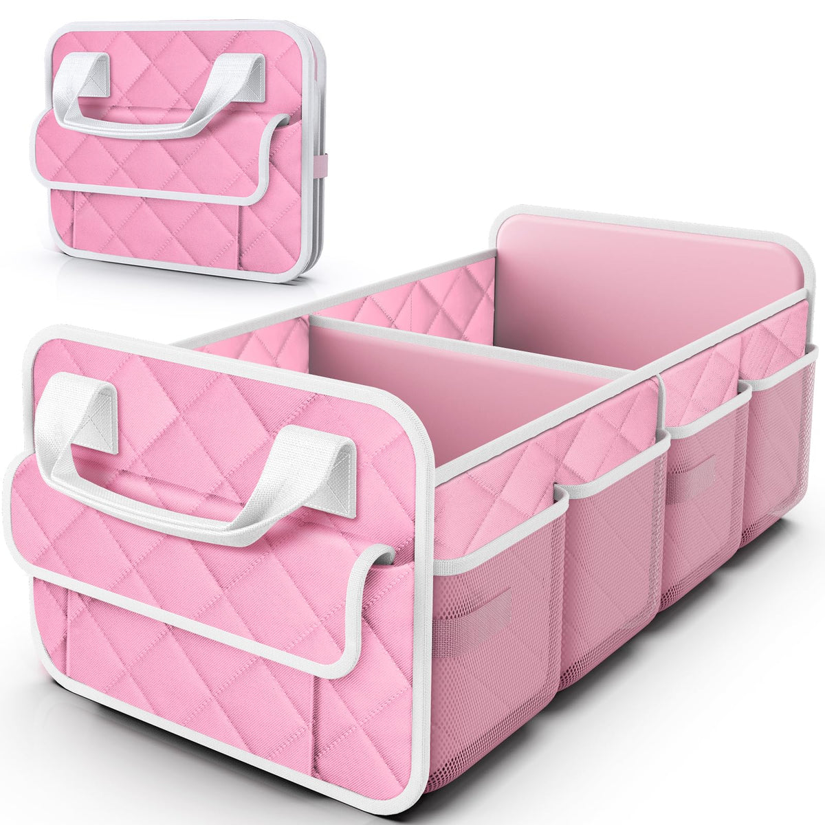 HOTOR trunk organizer front view showing compartments and neat storage benefit