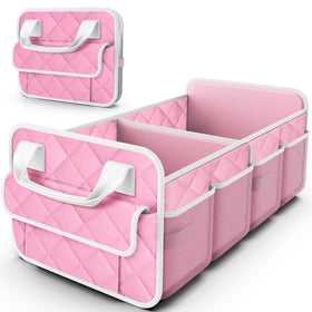 HOTOR trunk organizer front view showing compartments and neat storage benefit