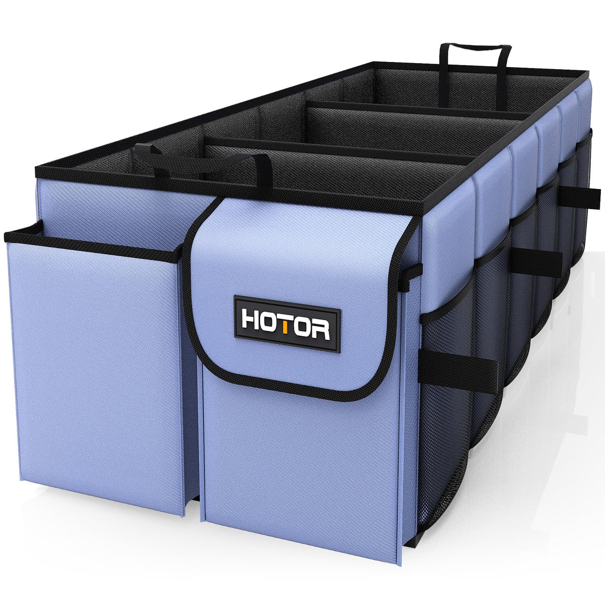 HOTOR trunk organizer front view showing compartments and easy access benefit