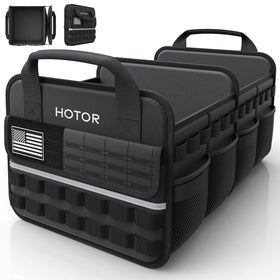 HOTOR trunk organizer front view showing compartments and organized gear benefit: quick access