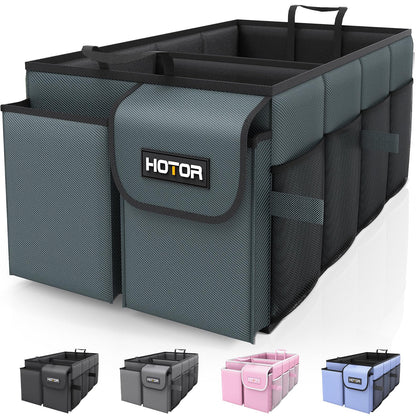 HOTOR trunk organizer front view showing compartments and tidy storage benefit