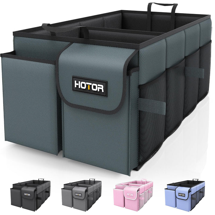 HOTOR trunk organizer front view showing compartments and tidy storage benefit