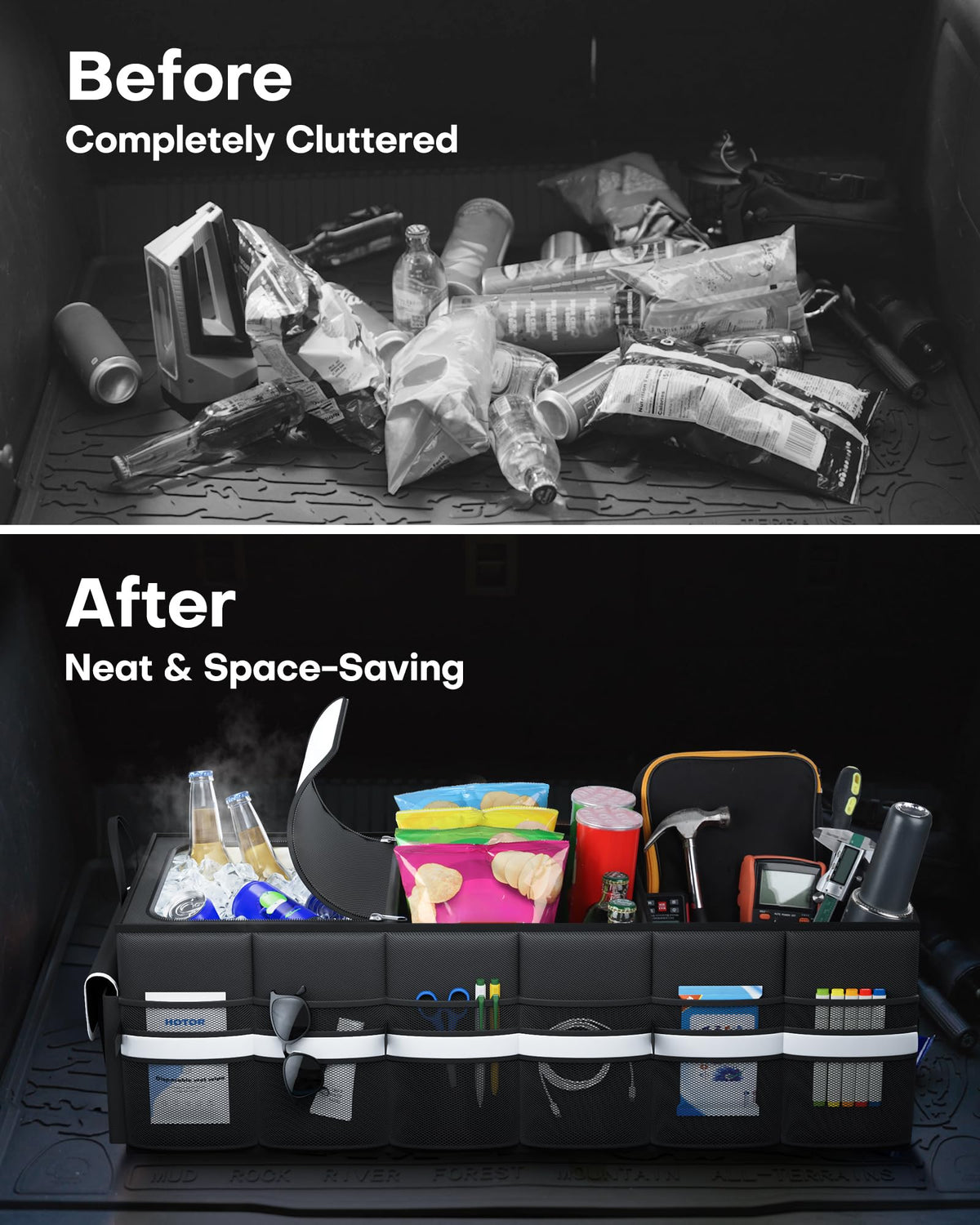 HOTOR placed in SUV trunk illustrating stable, no-tip storage benefit