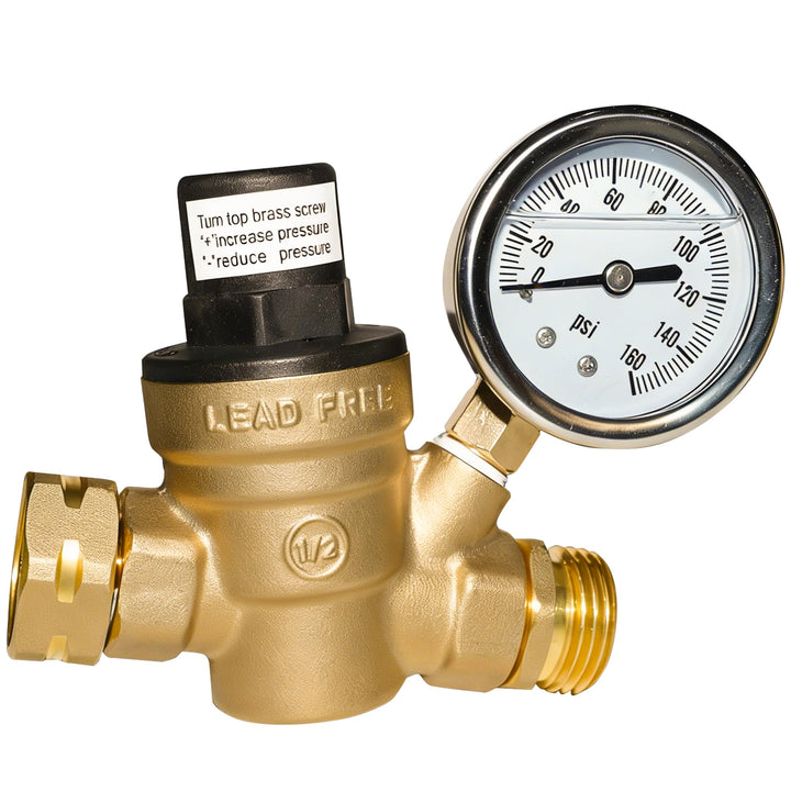 Hourleey regulator front view showing brass body and gauge for reliable pressure control