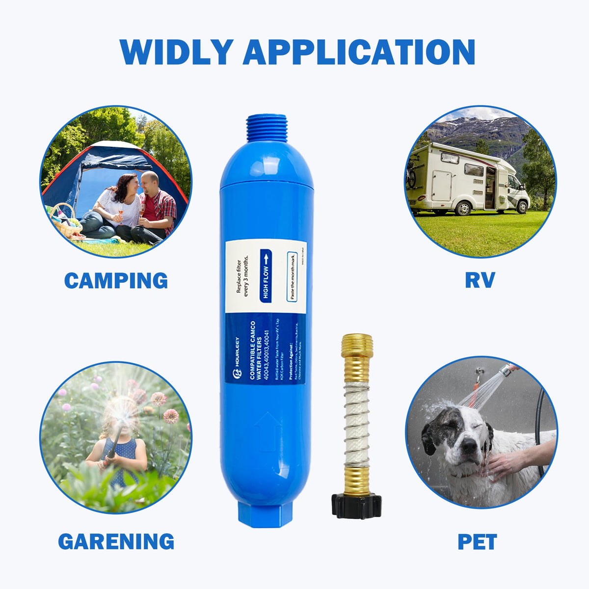 Hourleey inline filter installed on RV hose providing safer drinking water on the road