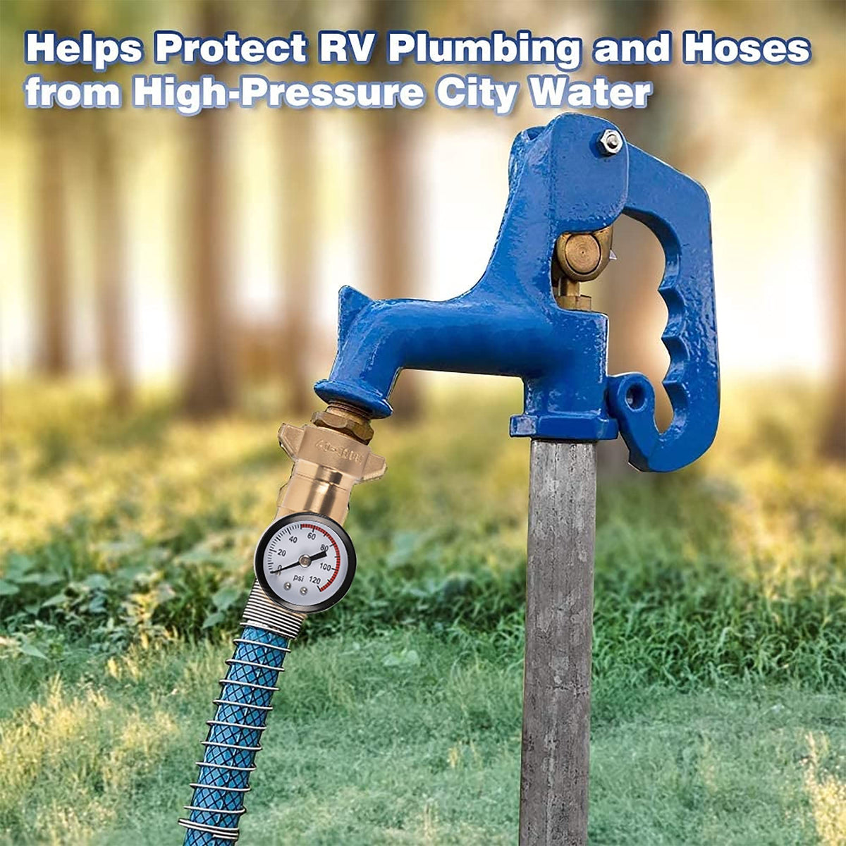 Hourleey regulator in use at campsite protecting RV water system