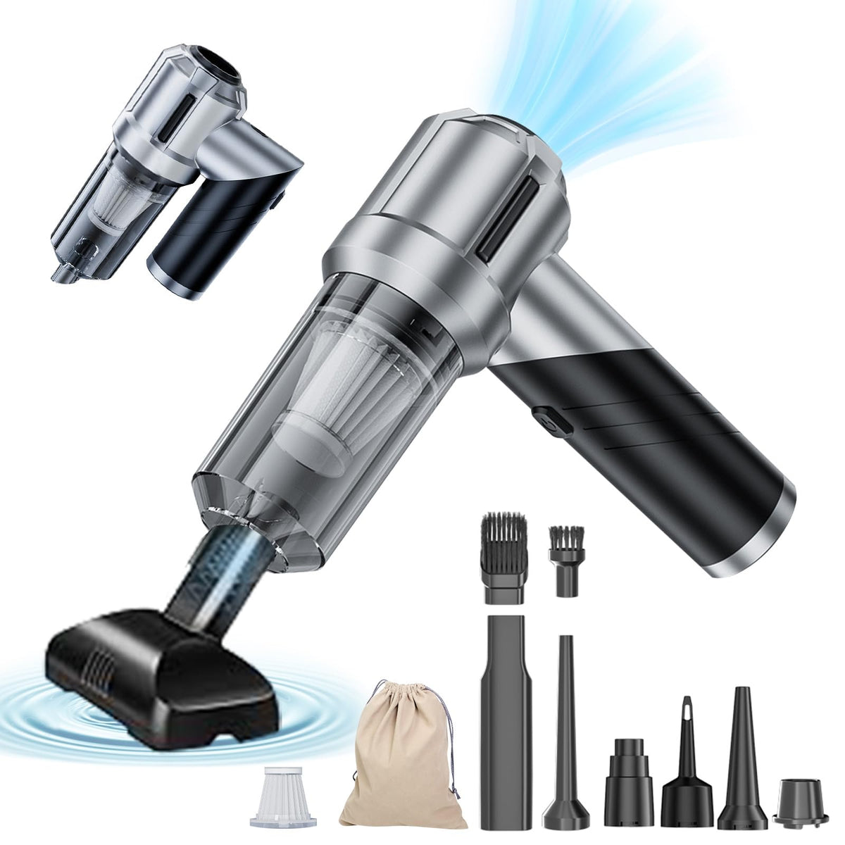 houscly front view of compact vacuum showing cordless design and ergonomic grip, easy storage benefit