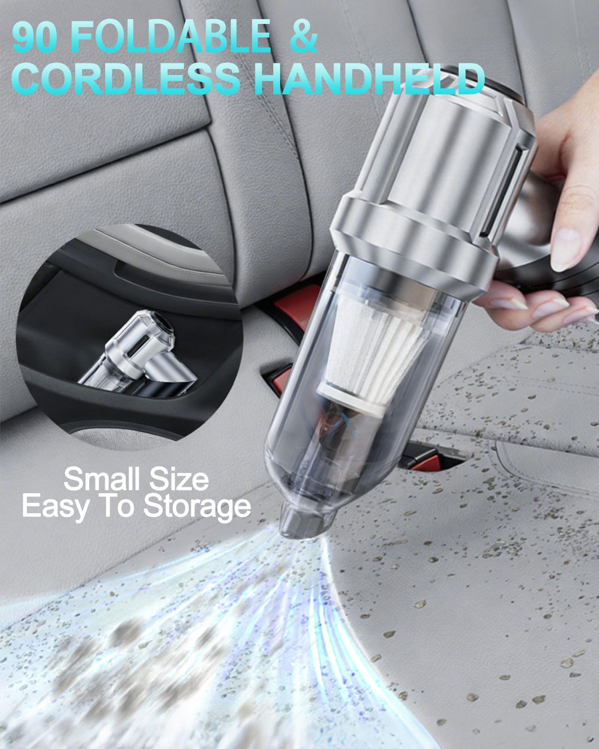 houscly handheld vacuum next to a hand and phone to show compact size and portability benefit