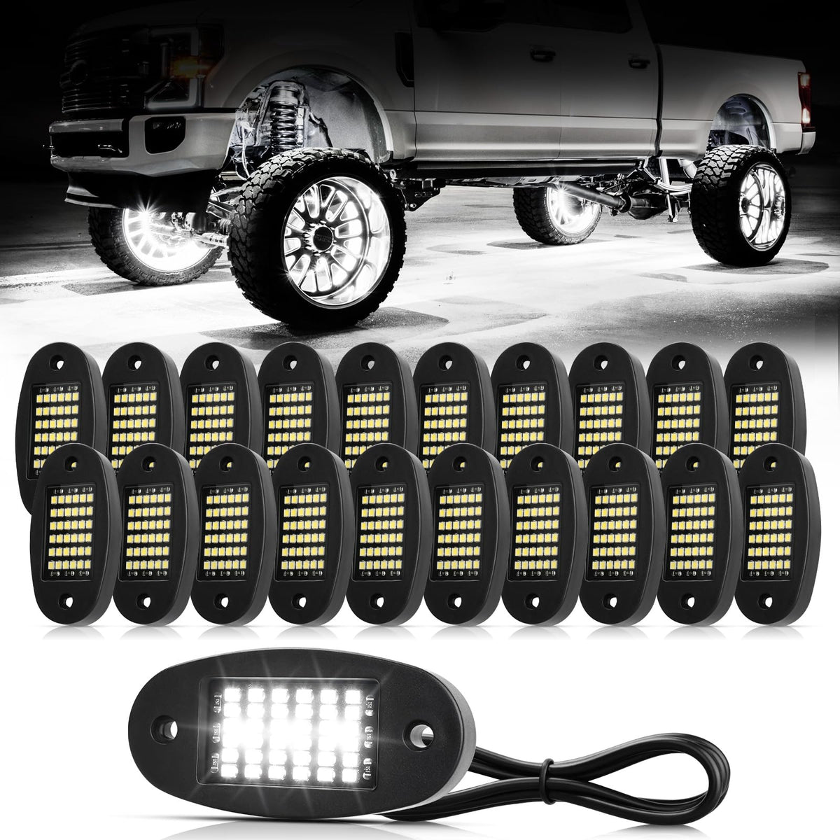 Hovano front packaging showing 20 white rock lights and included accessories for easy installation
