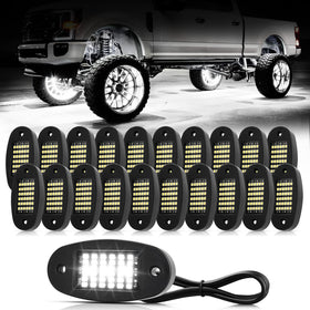 Hovano front packaging showing 20 white rock lights and included accessories for easy installation