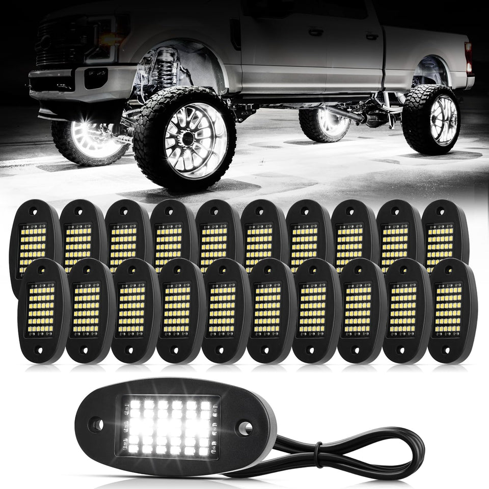 Hovano front packaging showing 20 white rock lights and included accessories for easy installation