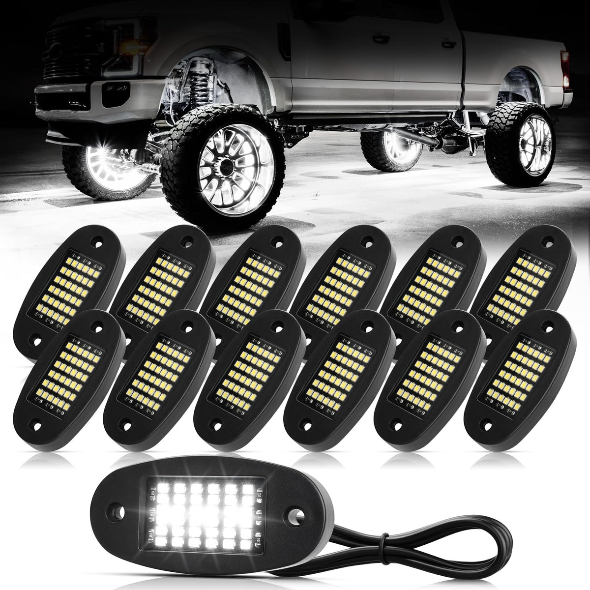 Hovano front view of 12 white rock light pods showing full kit and connectors, enhances visibility