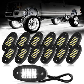 Hovano front view of 12 white rock light pods showing full kit and connectors, enhances visibility