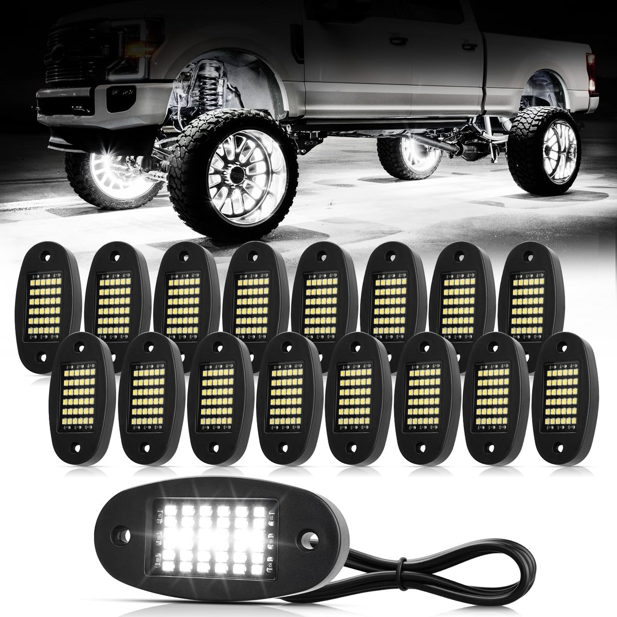 Hovano front view of 16 white LED pods showing compact durable design and bright lighting benefit