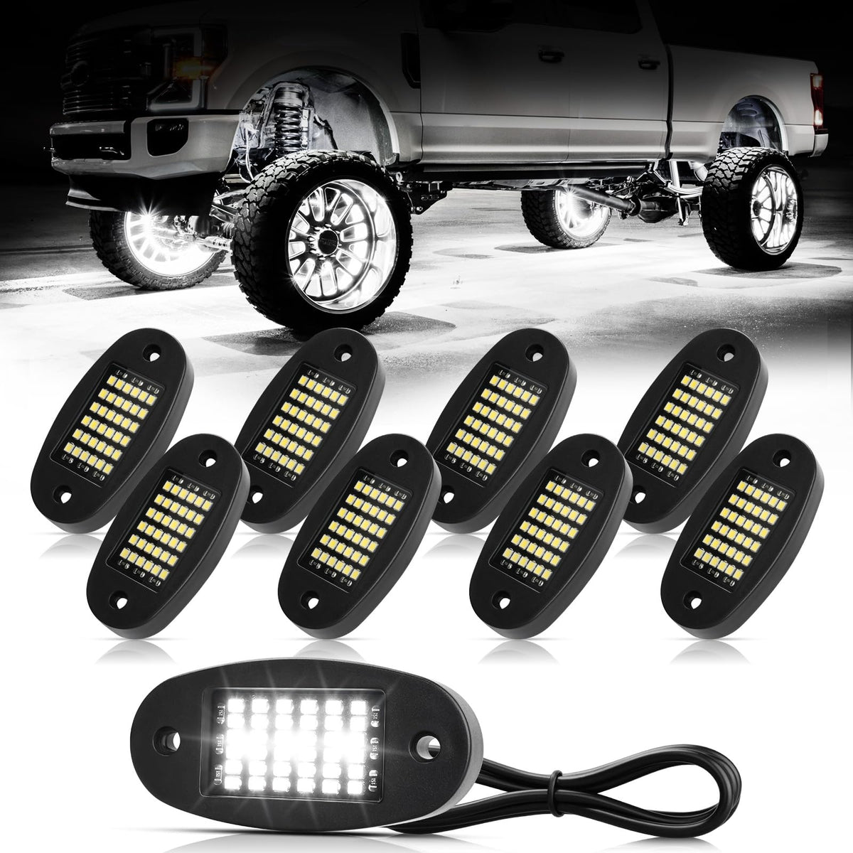 Hovano front view of eight white LED pods showing bright visibility benefit