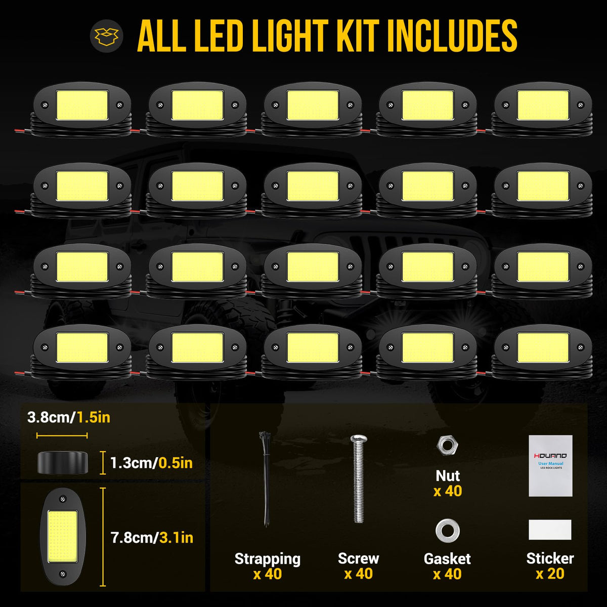 Hovano hardware and accessories layout showing included tape, screws, and ties benefit