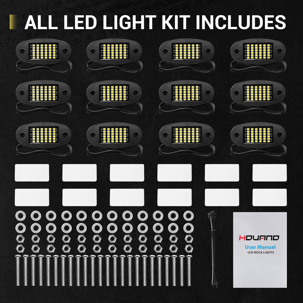 Hovano rock lights installed on off-road vehicle at night, increases safety and style