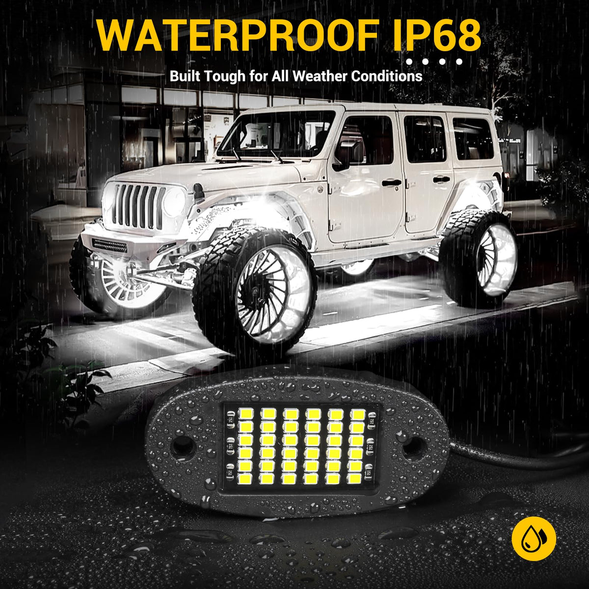Hovano pods mounted under vehicle illuminating wheel well to increase nighttime awareness