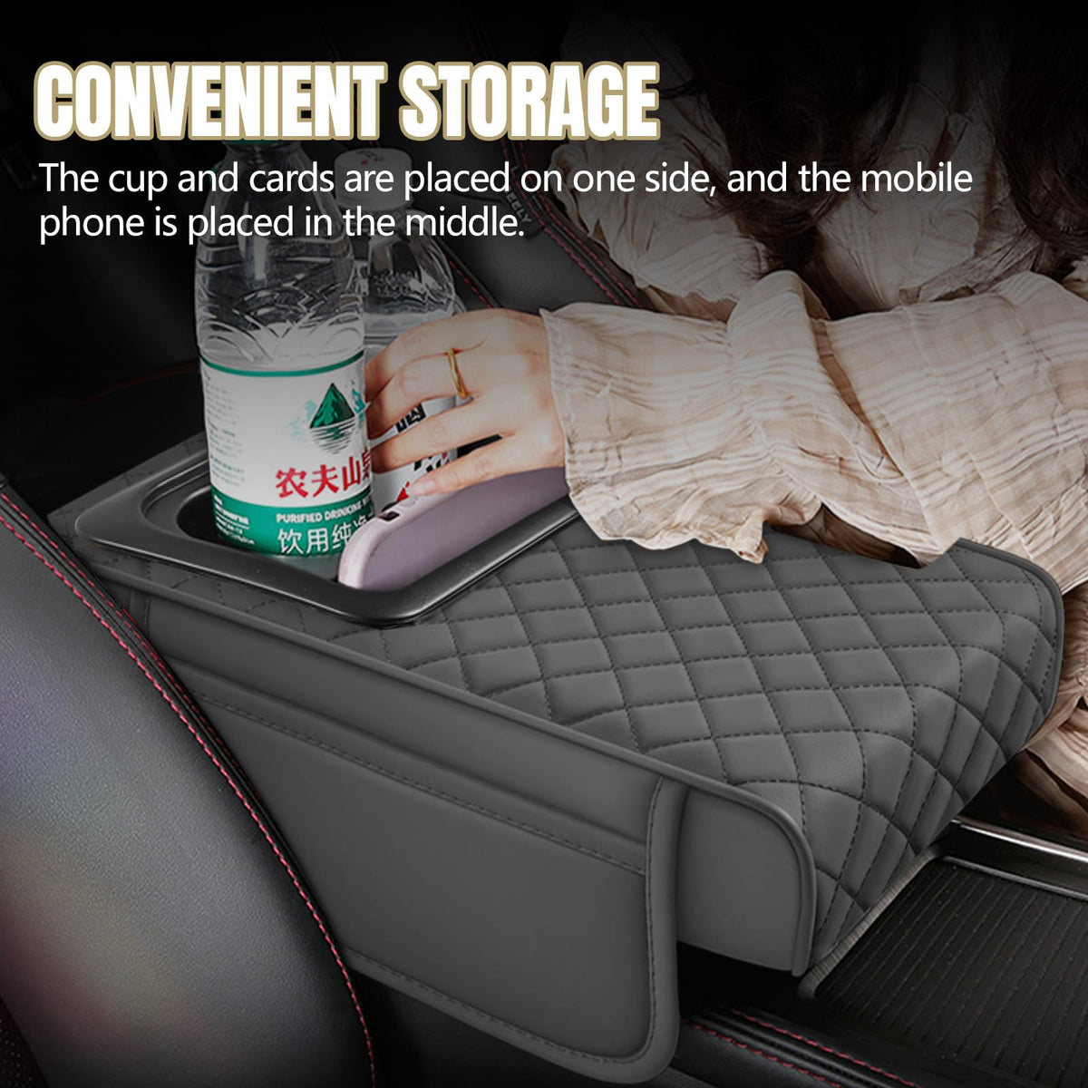 Hovom cup holder and phone slot image showing secure placement for items