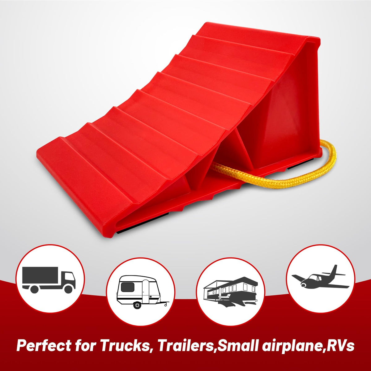 HOXWELL chock placed under an RV tyre preventing movement during parking