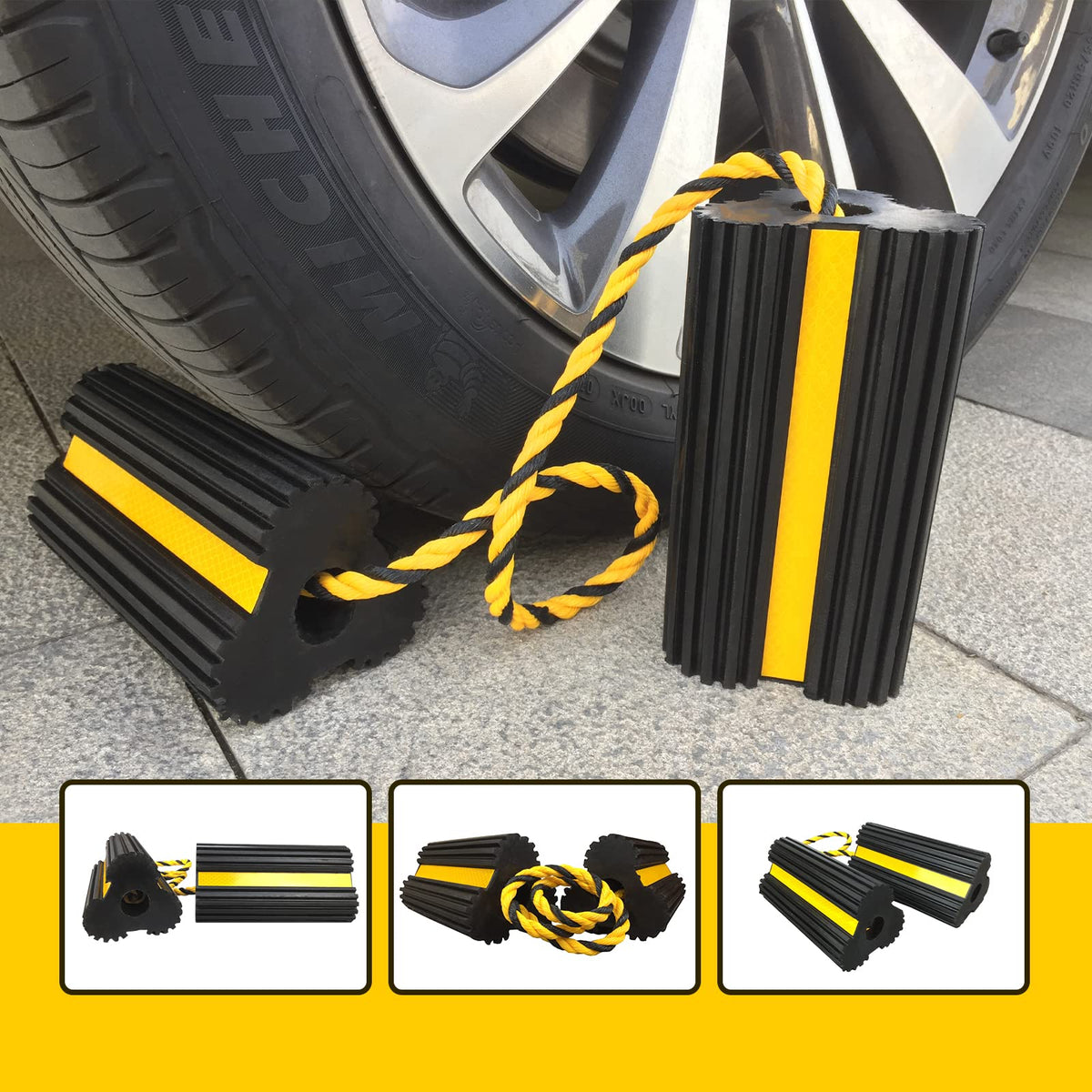 HOXWELL chocks tied with nylon rope enabling easy placement for large tires