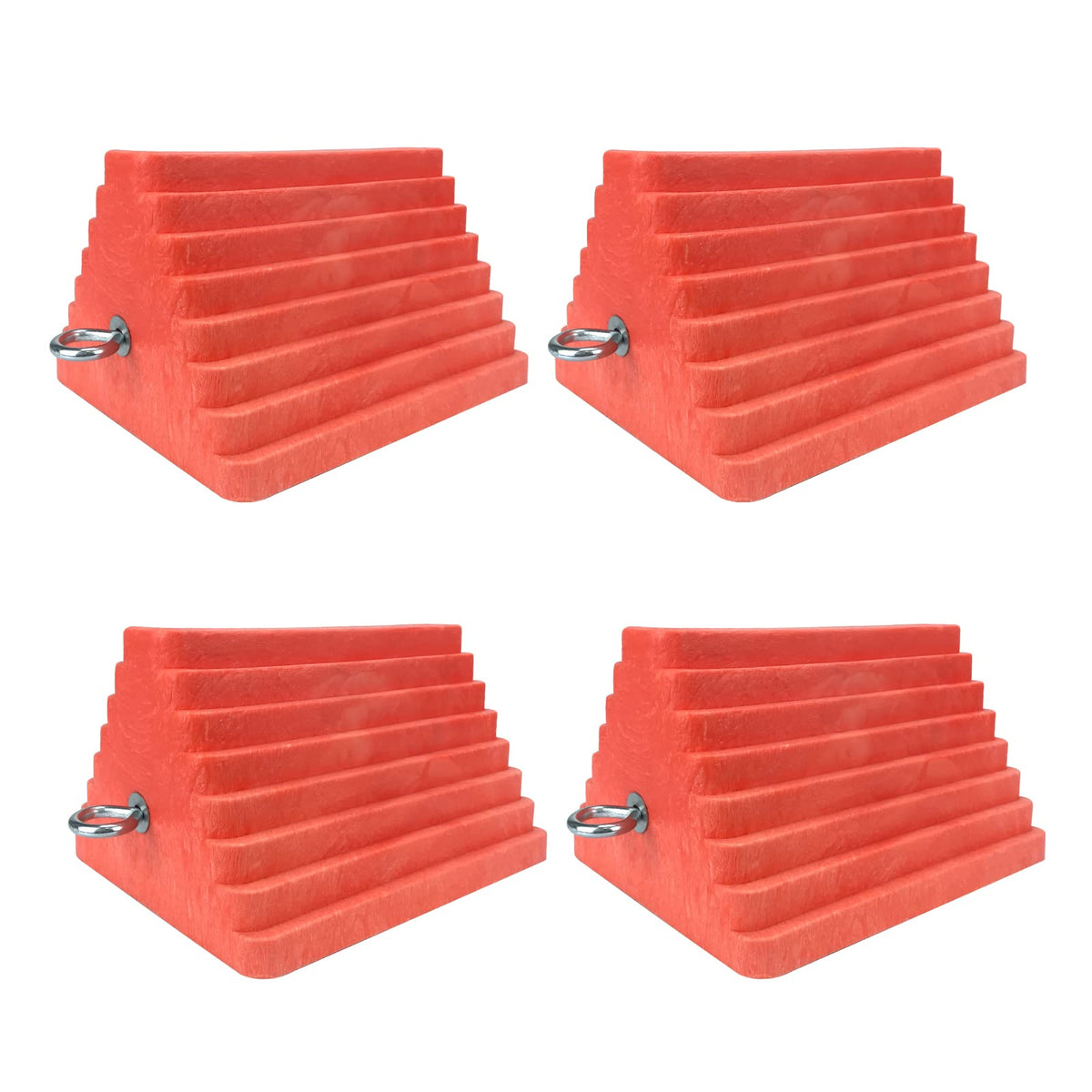 HOXWELL front view of four orange chocks showing bright visibility and durable build