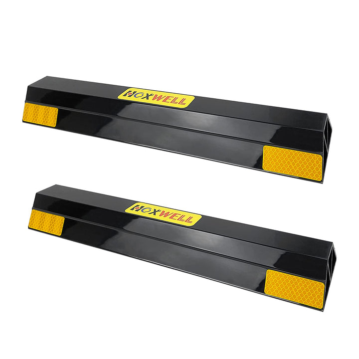 HOXWELL front view of two 16-inch parking stops showing protective stripes