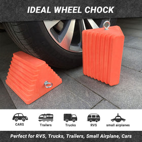 HOXWELL chock placed under trailer wheel demonstrating secure wheel stabilization