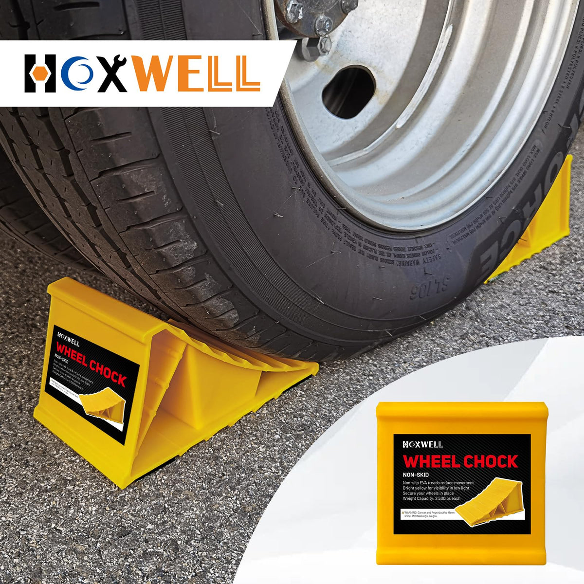 HOXWELL chocks used at a campsite protecting an RV during loading and maintenance