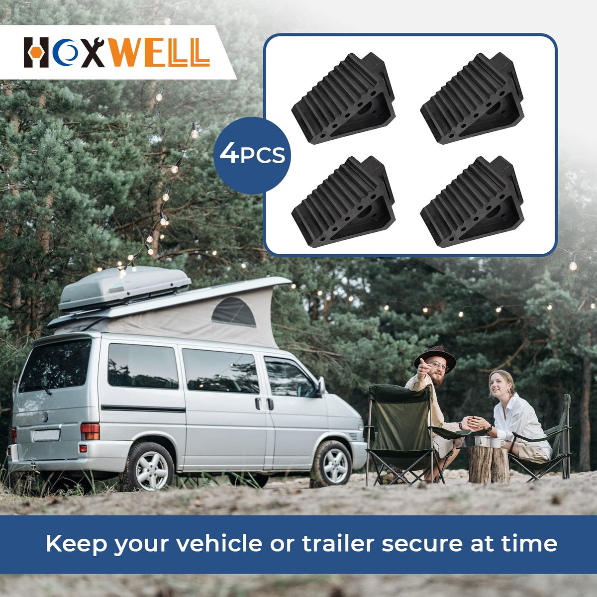 HOXWELL chocks staged at campsite illustrating travel and RV safety benefit