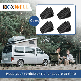 HOXWELL chocks staged at campsite illustrating travel and RV safety benefit