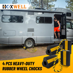 HOXWELL chocks positioned at campsite illustrating stable setup and peace of mind