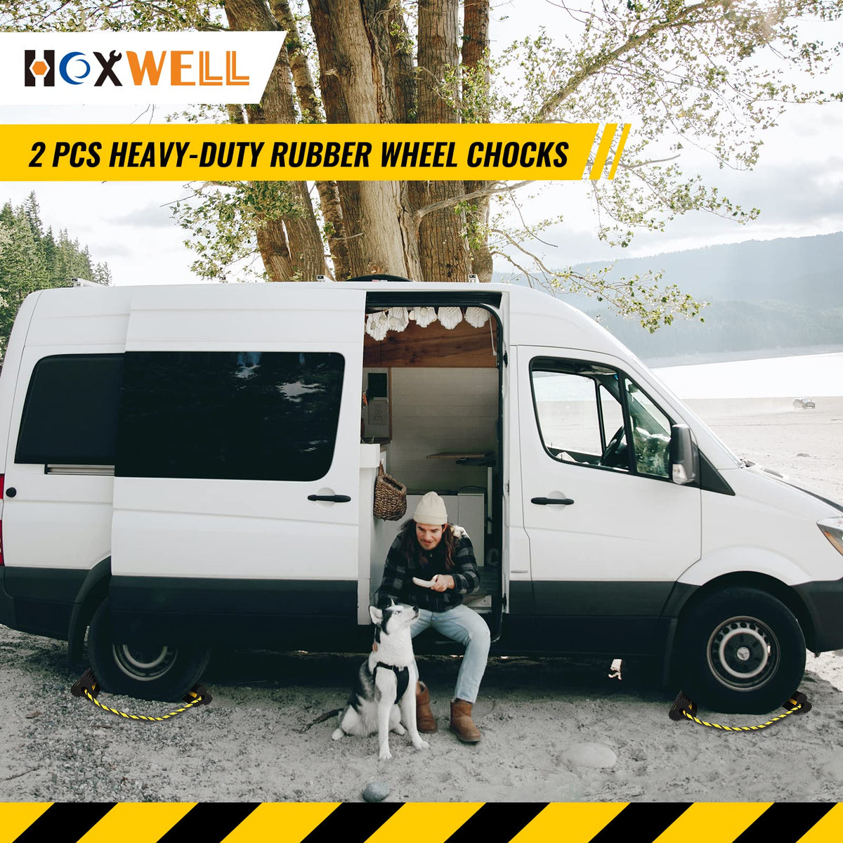 HOXWELL chocks protecting trailer at campsite providing peace-of-mind stability