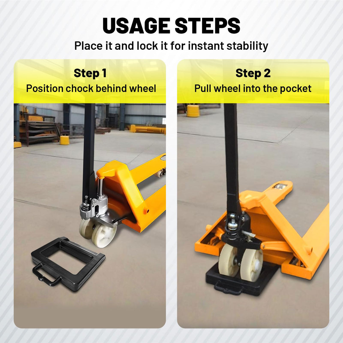HOXWELL chock beside pallet jack wheel showing compatibility and fit
