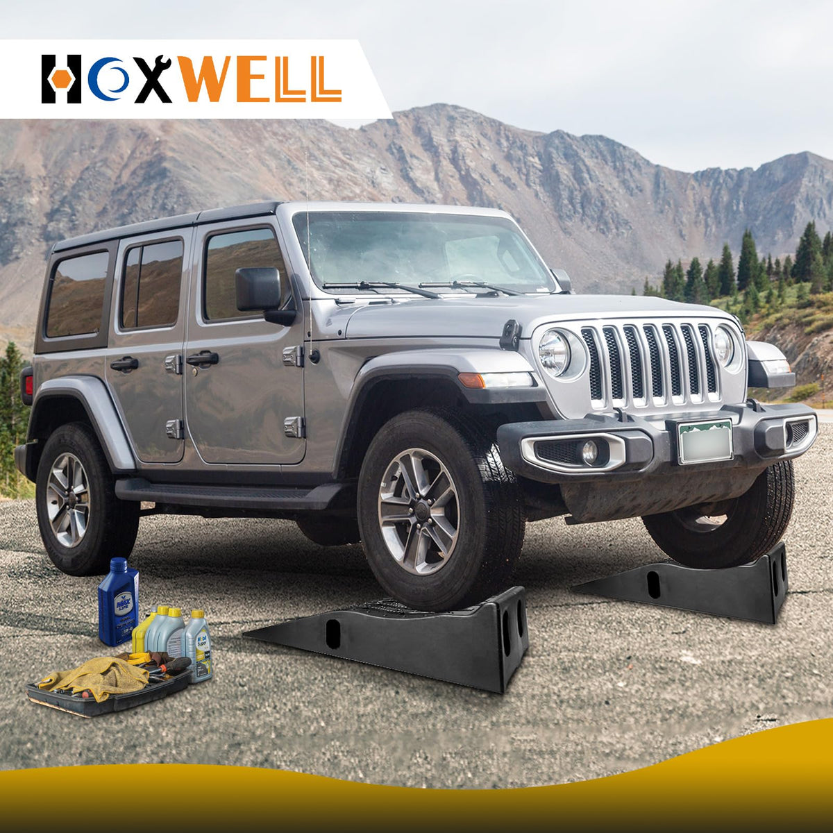 HOXWELL ramp beside a car showing scale and accessible clearance benefit