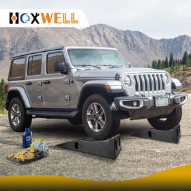 HOXWELL ramp beside a car showing scale and accessible clearance benefit