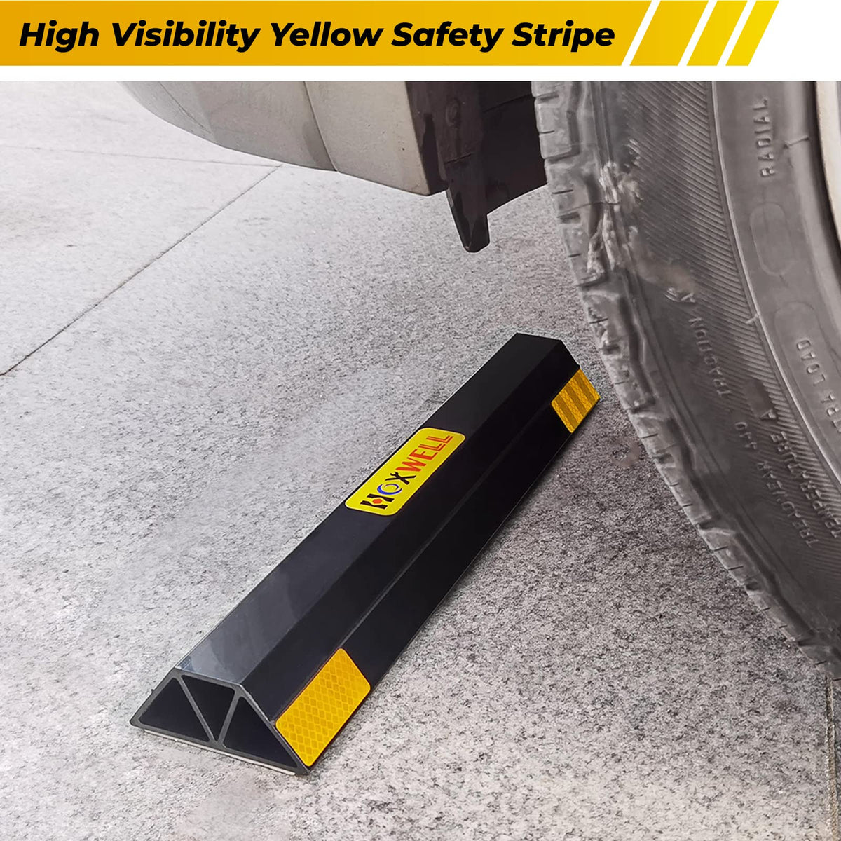 HOXWELL beside a car tire to show 16-inch length and scale benefits