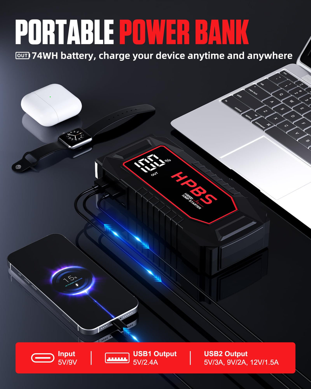 HPBS jump starter in use on a car battery offering fast reliable starts