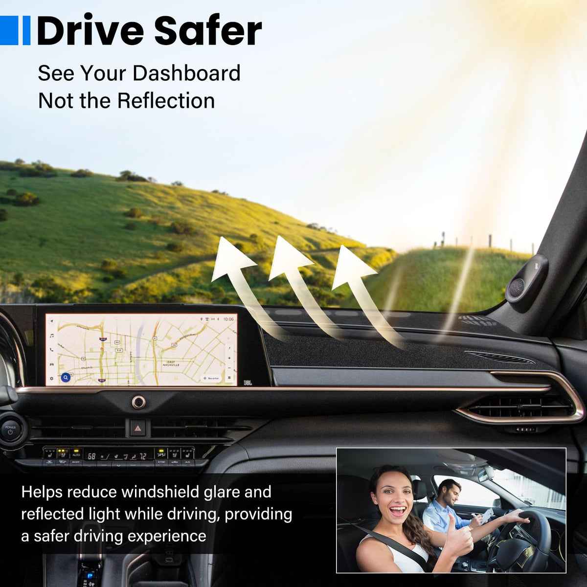 HPEVA dash cover demonstrating anti-glare performance under bright sunlight