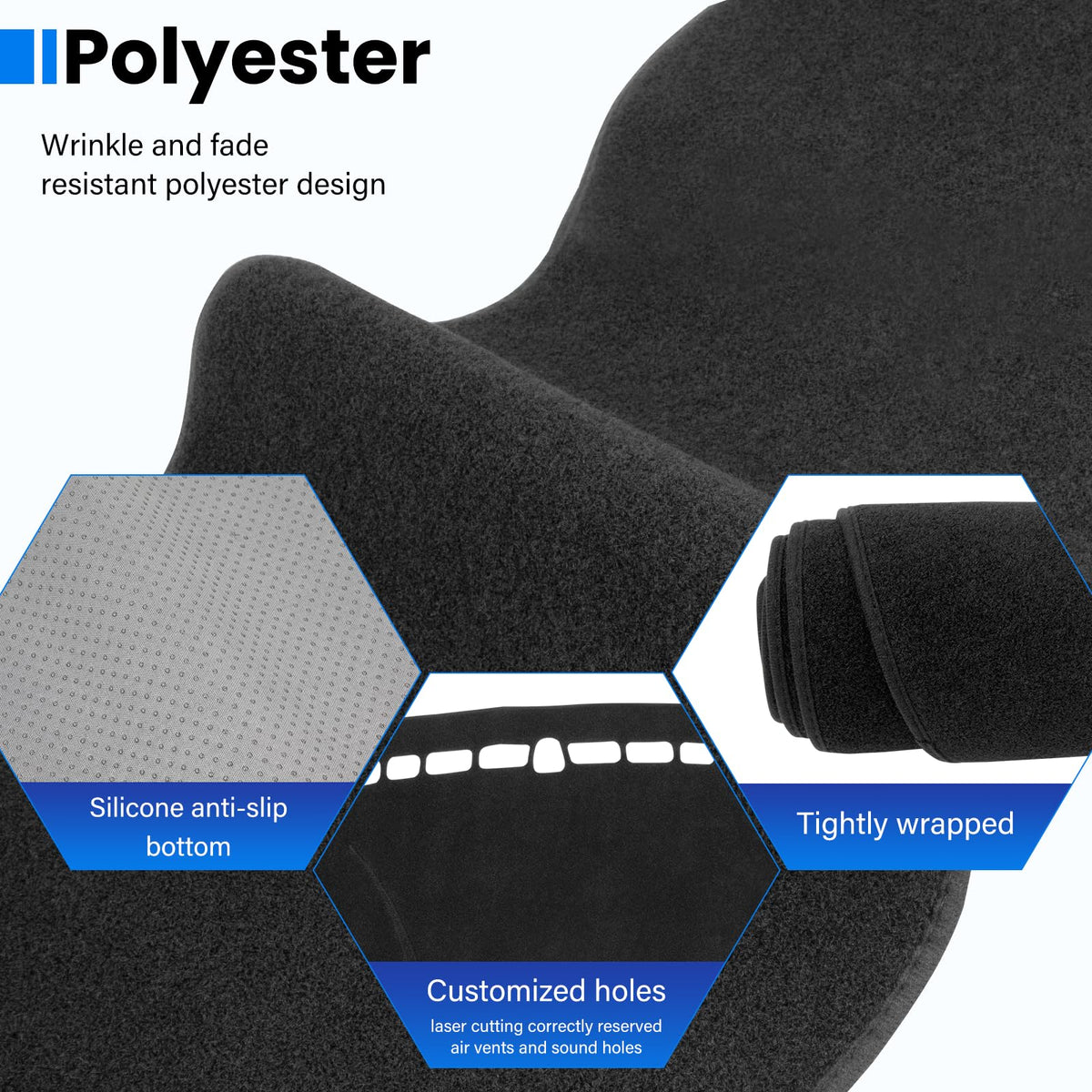 HPEVA dash cover backing and Velcro strip showing secure, non-slip attachment