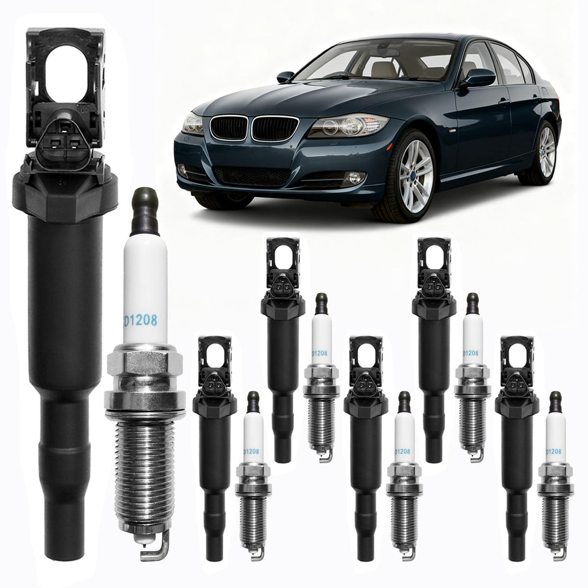 HQPASFY front packaging showing six ignition coils and spark plugs, clear kit contents benefit