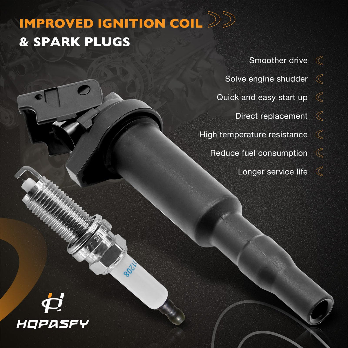 HQPASFY spark plug detail showing porcelain and electrode, corrosion-resistant construction benefit
