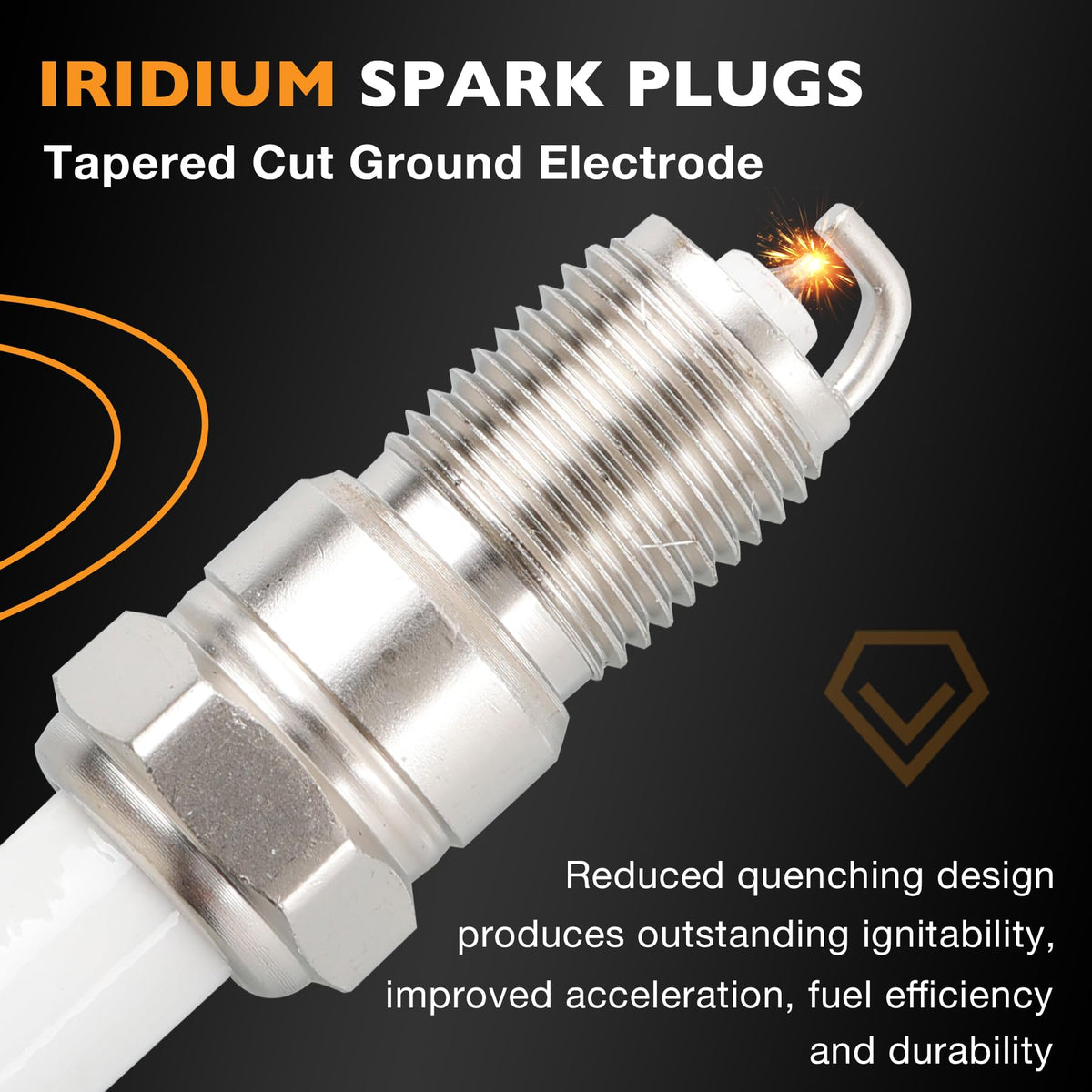 HQPASFY iridium spark plug detail, fine electrode for longer life and consistent ignition