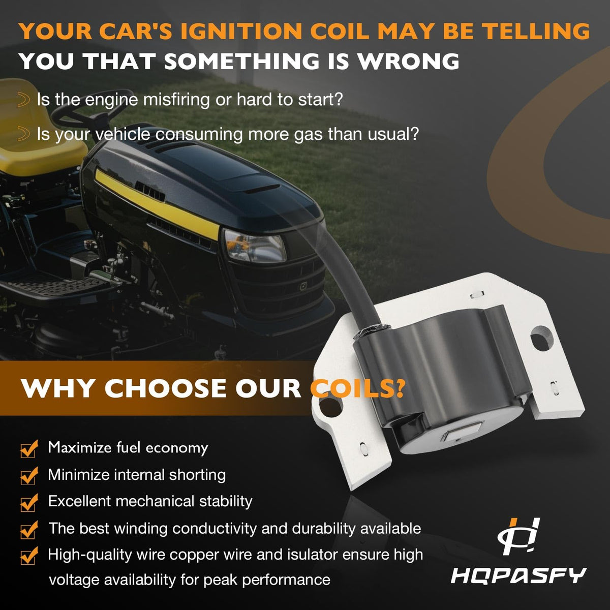 HQPASFY ignition coil next to ruler showing compact size and easy handling