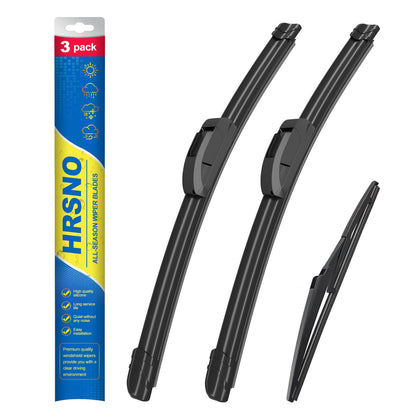 HRSNO front packaging showing complete 3-piece wiper set and compatibility benefits